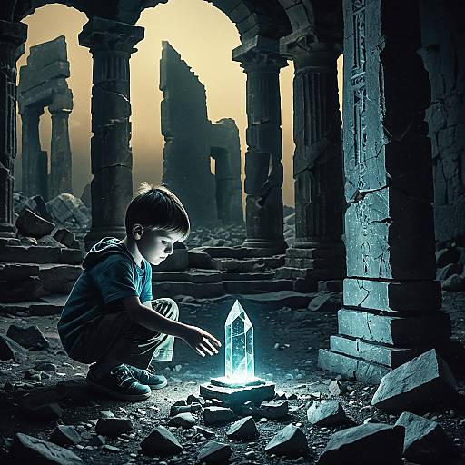 Boy Discovering Glowing Crystal in Ancient Ruins