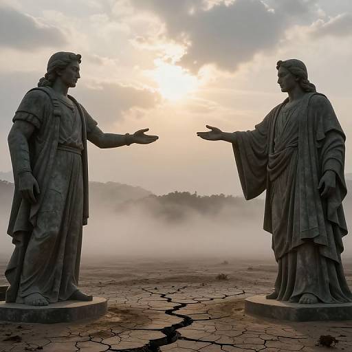 Photograph of two ancient-style stone statues with outstretched arms facing each other under a cloudy sunset sky, standing on cracked, dry ground with mist