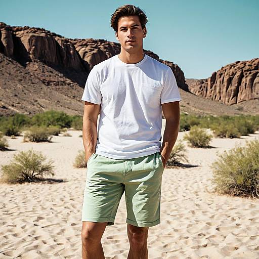Casual Man in Desert Wearing White T-shirt and Light Green Shorts