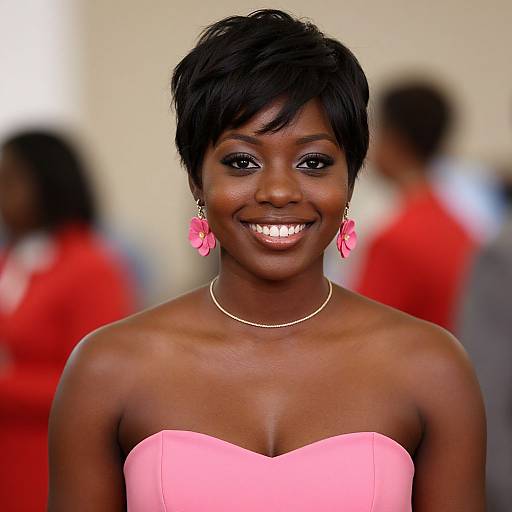 Photograph of a smiling Black woman with short black hair, wearing a strapless pink dress, pink earrings, and a gold necklace, standing in a