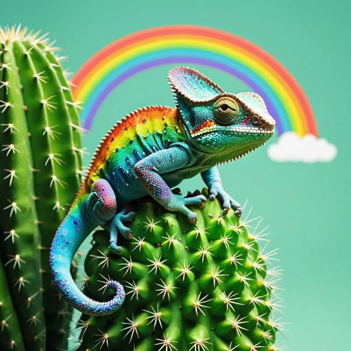 Playful Rainbow Chameleon on Cactus