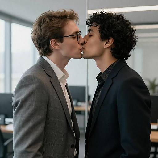 Two Men Kissing in Office