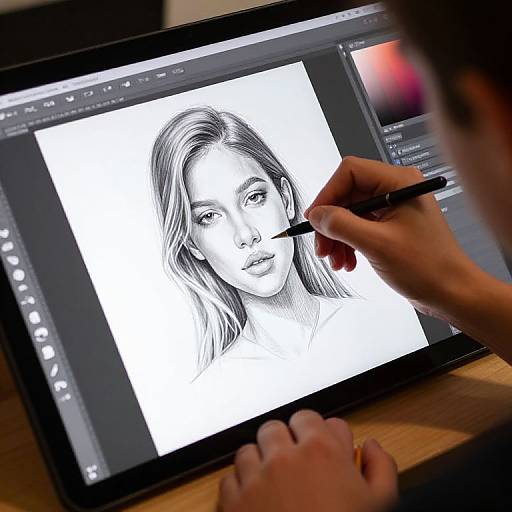 Photograph of a hand drawing a black-and-white digital portrait of a woman on a tablet, using a pen.