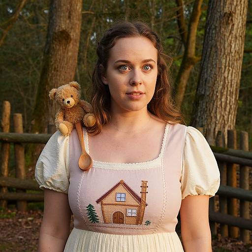 Photograph of a young woman with fair skin and brown hair, wearing a white dress with embroidered house, holding a teddy bear, standing in a