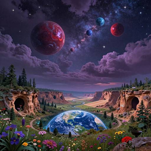 Digital artwork: Vibrant, surreal landscape with colorful flowers, Earth in foreground, red and blue planets in starry sky, arched rock formations,