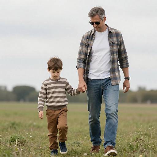 Father and Son Walking in Grassy Field