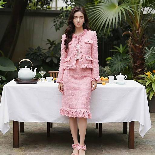 Photograph of an Asian woman with long dark hair, wearing a pink textured dress and matching accessories, standing in front of a white-clothed table