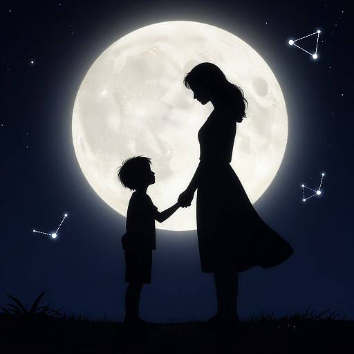Silhouetted mother and child holding hands against a bright full moon, with constellation patterns in the starry night sky.