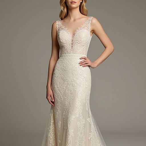 Photograph of a slender woman with light brown hair, wearing an elegant, sleeveless, white lace wedding dress with a deep V-neck and hand on