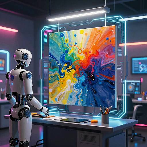 Digital art scene: humanoid robot with white and black joints stands at futuristic desk, gazing at vibrant, abstract, neon-lit digital painting.