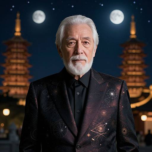 Photograph of an elderly white man with white hair and beard, wearing a black suit with star patterns, against a night sky with full moons and traditional