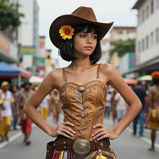 Photograph of a young woman with tan skin, black bob haircut, wearing a brown cowboy hat with a sunflower, a tan corset top,