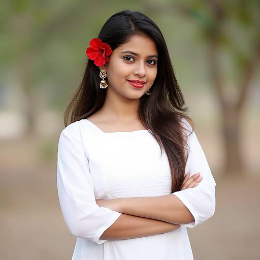 Photograph of an Indian woman with long black hair, red flower in hair, white dress, red lipstick, crossed arms, outdoor blurred background.