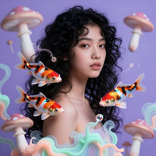 Bioluminescent Koi Girl Psychedelic Poster