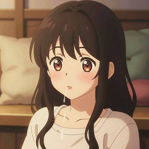 Anime-style digital drawing of a young girl with long black hair, large brown eyes, and a surprised expression, wearing a white shirt. Background includes a