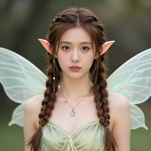 Digital artwork of an ethereal, young Asian fairy with long brown braids, pointed ears, translucent wings, and a pale green dress.