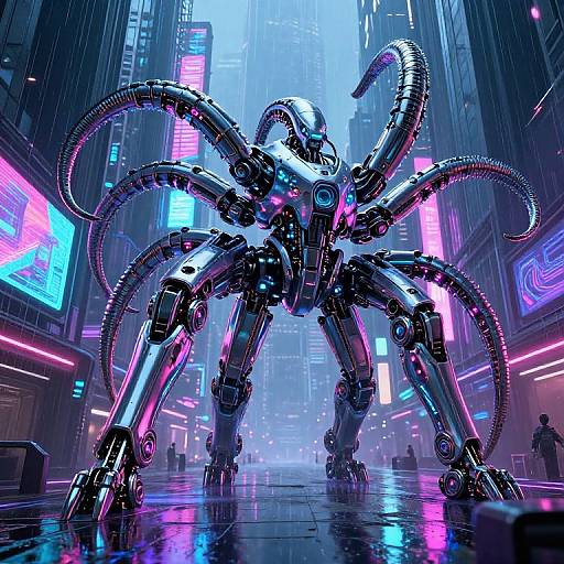 Cybernetic octopus robot with glowing neon pink and blue lights stands in a rainy, neon-lit futuristic city street. Digital art.