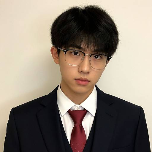 Photograph of an Asian teenage boy with black hair, glasses, wearing a black suit, white shirt, and red tie, against a plain white background
