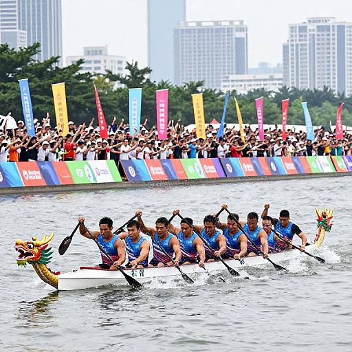 Photograph of an Asian dragon boat race with six male rowers in blue shirts, colorful banners, cheering crowd, and urban skyline background.