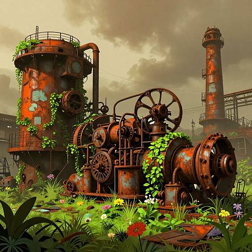 Digital artwork of rusted, overgrown industrial machinery with vines, surrounded by colorful wildflowers under a cloudy sky. Two tall, cylindrical structures in the