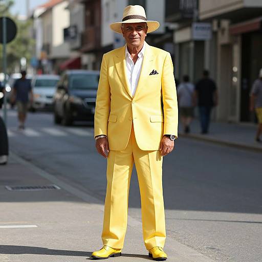 Photograph of an elderly man in a bright yellow suit, white shirt, and wide-brimmed hat, standing confidently on a sunlit urban street