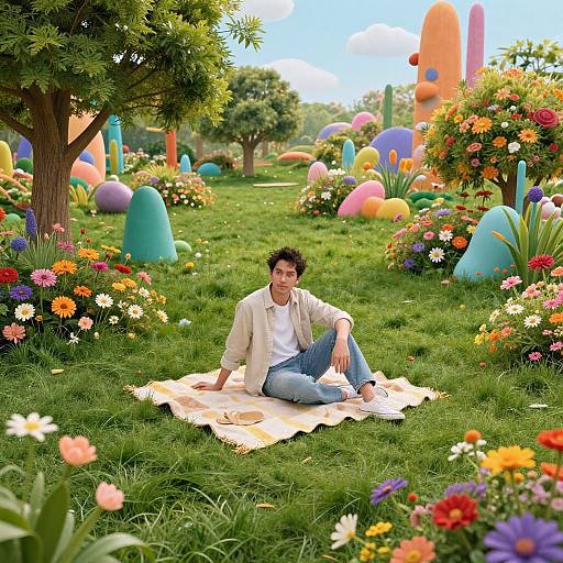 Photorealistic CGI of a young man with dark hair, wearing a beige jacket and blue jeans, sitting on a blanket in a vibrant, colorful garden