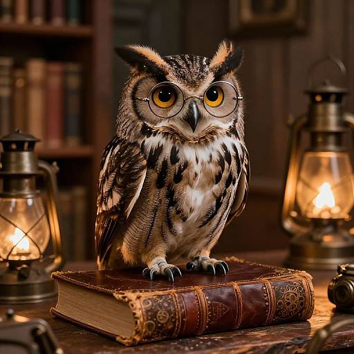 Photograph of a detailed, realistic owl with round glasses perched on an ornate, leather-bound book, surrounded by glowing lanterns in a dim