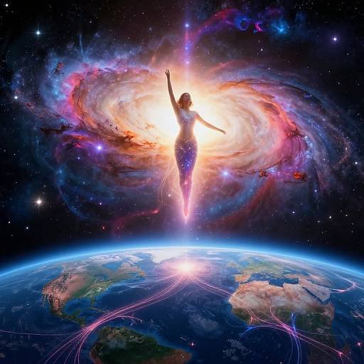 Digital art of a silhouetted figure with arms raised, standing in a bright, colorful galaxy above a glowing Earth, surrounded by cosmic energy and