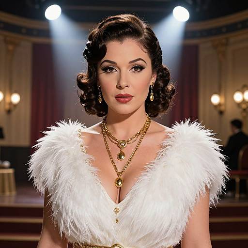 Photograph of a 1940s-style model with curled brown hair, wearing a white feathered dress with gold necklaces, standing on a stage