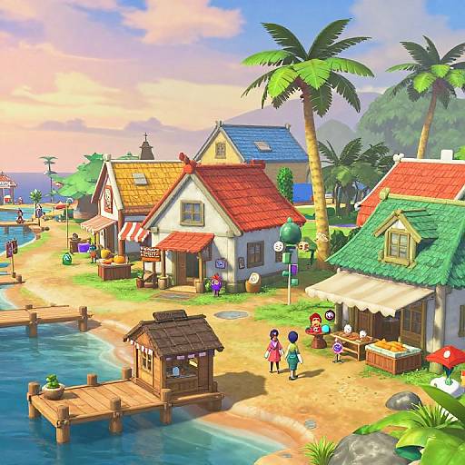Bright, colorful digital village scene with thatched roofs, palm trees, wooden docks, people in casual clothes, and a vibrant sunset sky.