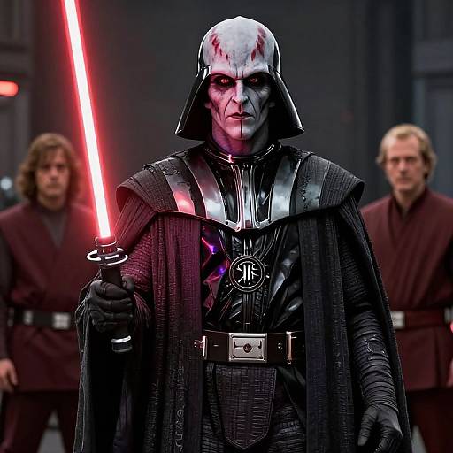 Digital art of Darth Vader in Star Wars attire, holding a glowing red lightsaber, with blood on his helmet, flanked by two blurred Jedi in