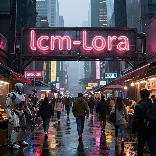 Photograph of a busy, rainy city street at night with neon 