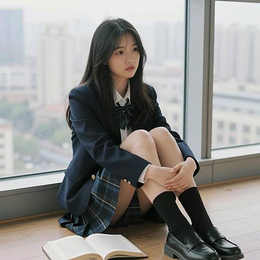 Contemplative Asian Woman in Cityscape