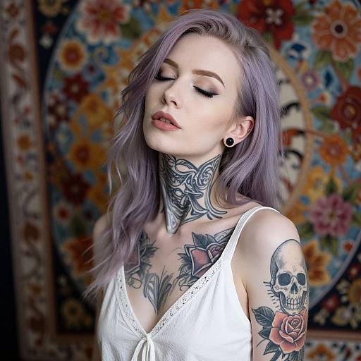 Confident Tattooed Woman with Floral Background