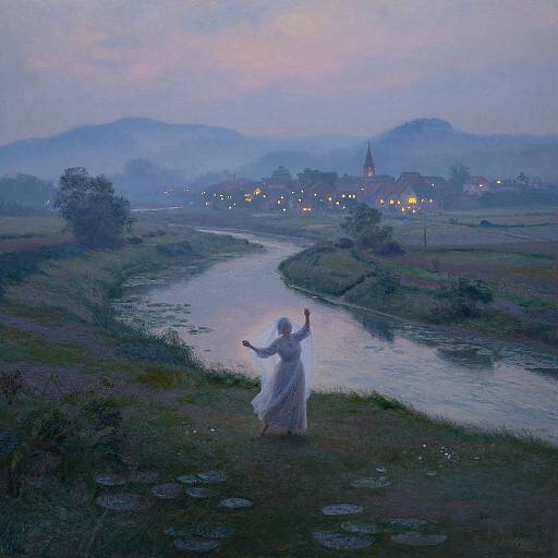 Photograph-like digital painting of a white-clad, ethereal woman with arms raised, standing by a twilight river, with a distant village and church