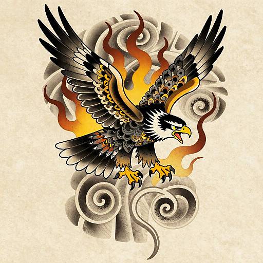 Digital illustration of a fierce, black and yellow eagle with fiery wings, surrounded by swirling gray smoke patterns, flying mid-air.