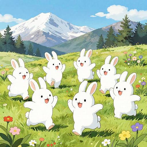 Whimsical Mountain Rabbits in Meadow