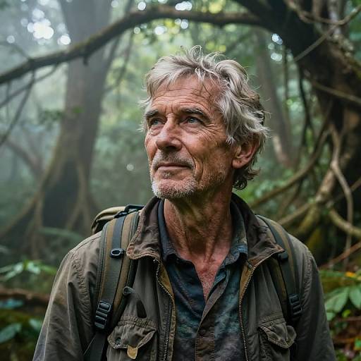 Photograph of an elderly, rugged man with gray hair and beard, wearing a green jacket and backpack, standing in a misty forest. He looks