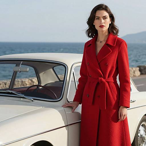 Photograph of a confident woman with dark wavy hair, wearing a vibrant red coat, leaning against a white vintage car by the seaside.