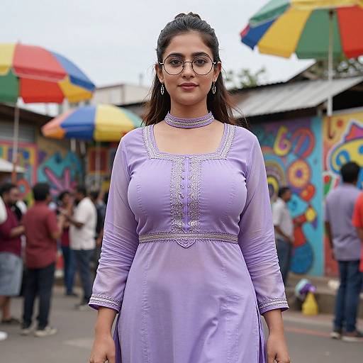 Photograph of a South Asian woman with long black hair, glasses, and a lavender traditional dress, standing in a colorful, bustling outdoor market.