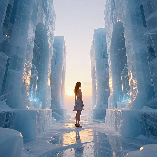 Photograph of a young girl in a white dress standing in an icy, glowing ice cave with towering blue ice formations at sunset.
