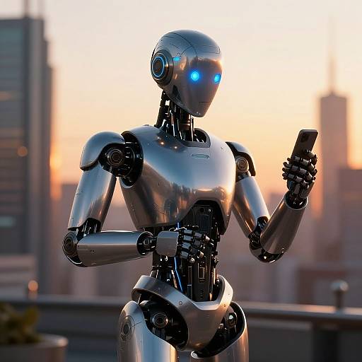 Photograph of a shiny, silver humanoid robot with glowing blue eyes, holding a smartphone, standing on a rooftop at sunset with a cityscape in the