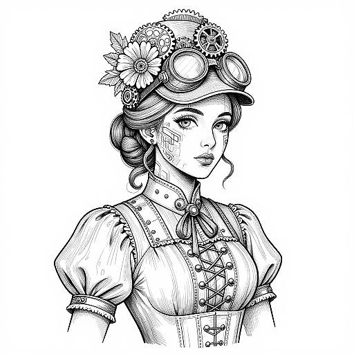 Steampunk Victorian Woman Line Art