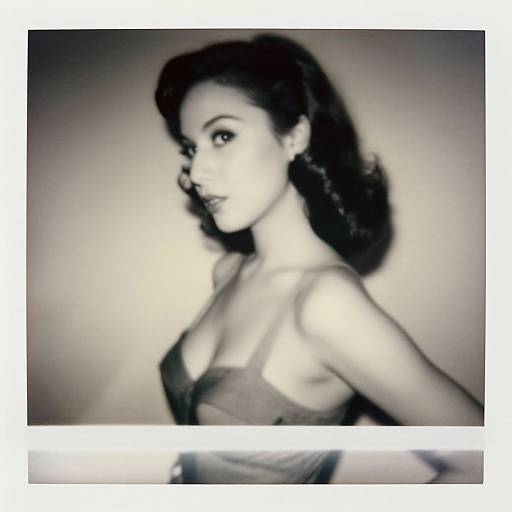 Black-and-white photograph of a beautiful woman with dark, wavy hair, wearing a low-cut dress, gazing sideways with a glamorous, vintage look