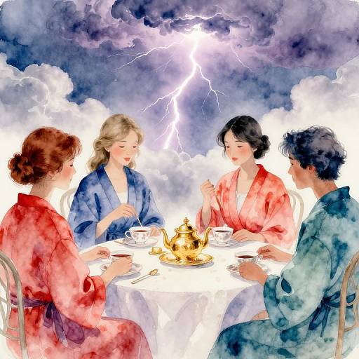Watercolor-style illustration of four Japanese people in kimono, dining around a table with a teapot, under a stormy sky with lightning.