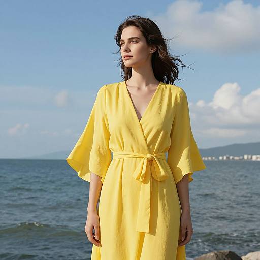 Photograph of a fair-skinned woman with dark hair, wearing a bright yellow, V-neck, wrap-style dress, standing by the ocean under a