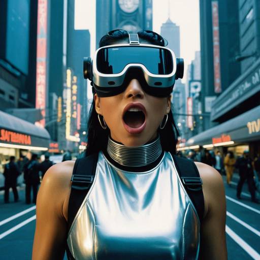 Futuristic Pacific Islander Woman with VR Goggles in Cyberpunk City
