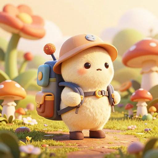 Cute, fluffy white creature with a beige hat and blue backpack stands in a sunlit, whimsical mushroom forest. Digital art style.