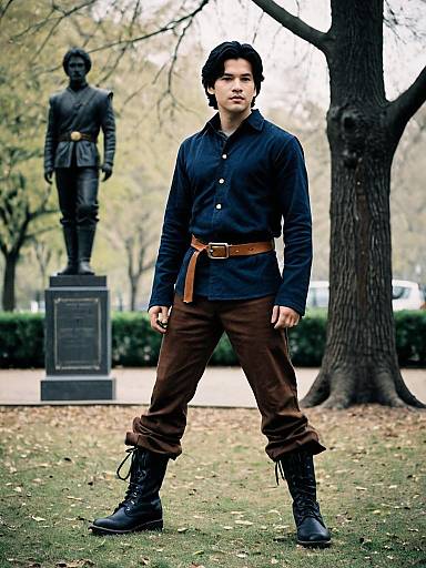 Photograph of an Asian man in a dark blue shirt, brown pants, black boots, and brown belt, standing in a park with a statue in