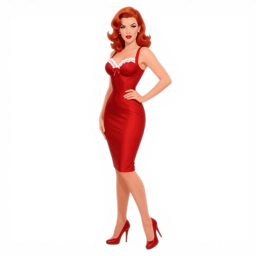 Digital illustration of a curvy, fair-skinned woman with red hair, wearing a red satin dress with white lace trim, and red high heels,